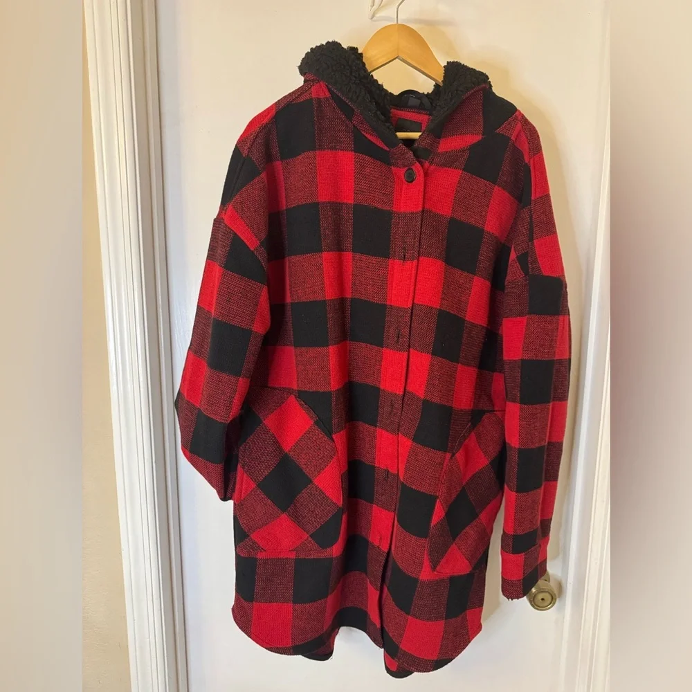 RDI Flannel Coat - Fleece Bonded Sherpa Coat Pockets Fall buffalo plaid - Picture 1 of 10
